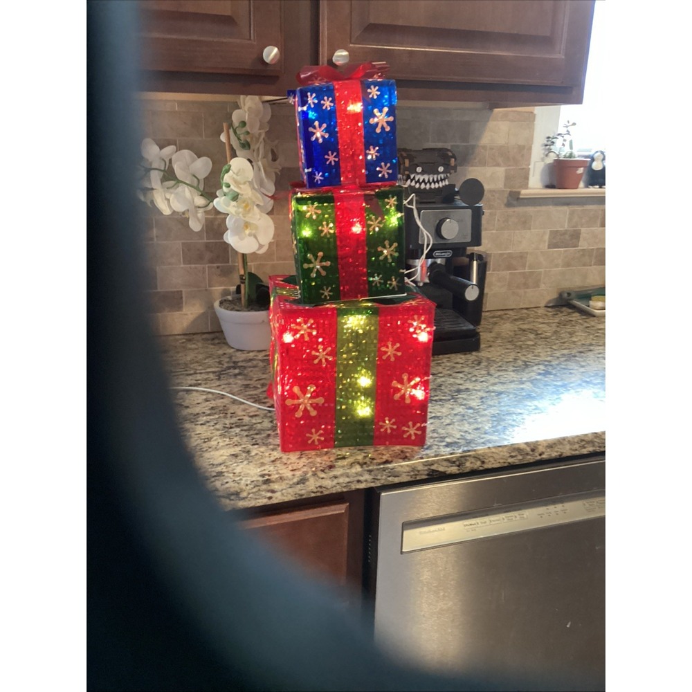 Set of 3 Lighted Gift Boxes Christmas Decorations Red Green Blue Xmas Tree Decor